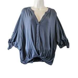 Seven Blouse Womens Large Dusty Blue V-Neck Dolman Sleeve Surplice Cropped Sheer